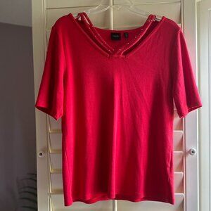 Rafaella Red Glam Tee Rhinestone Cut-Out Neckline Women's L